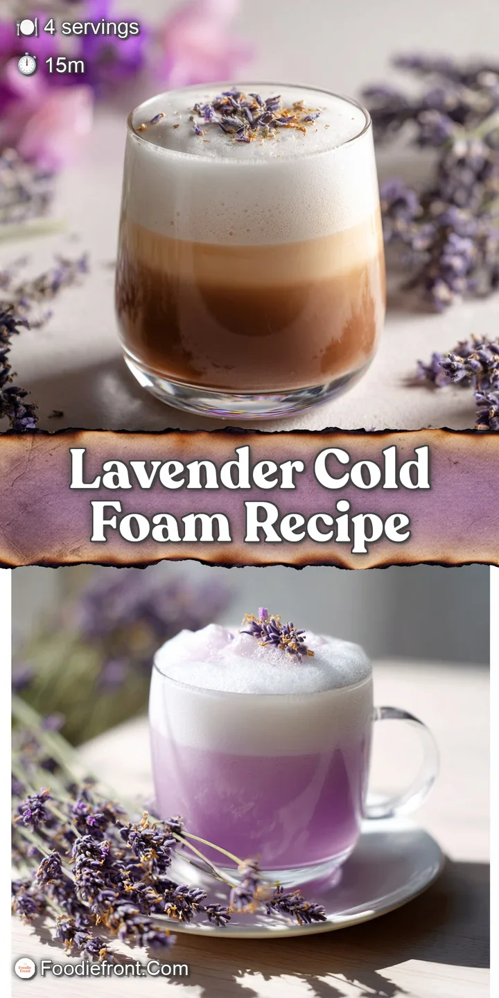 Close-up of lavender cold foam, its airy bubbles and pale purple hue creating a creamy, dreamy texture atop a dark coffee ...