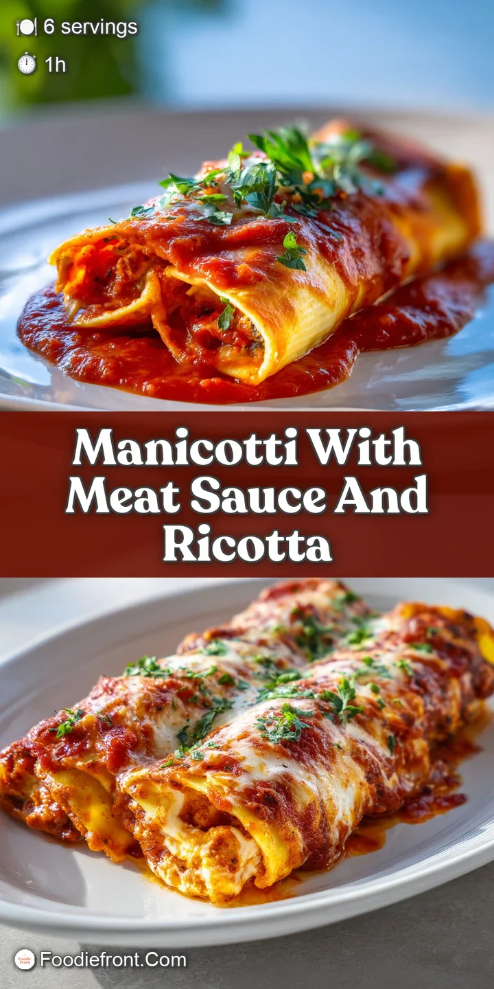 Close-up reveals bubbling, browned cheese atop tender manicotti, surrounded by vibrant, simmering meat sauce with herbs.