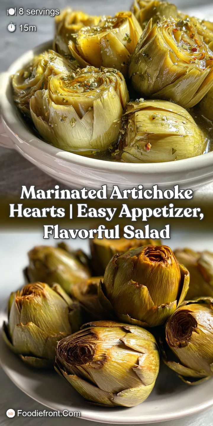 Close-up of glistening marinated artichoke heart quarters. Olive oil and herbs coat each piece, highlighting the vibrant t...
