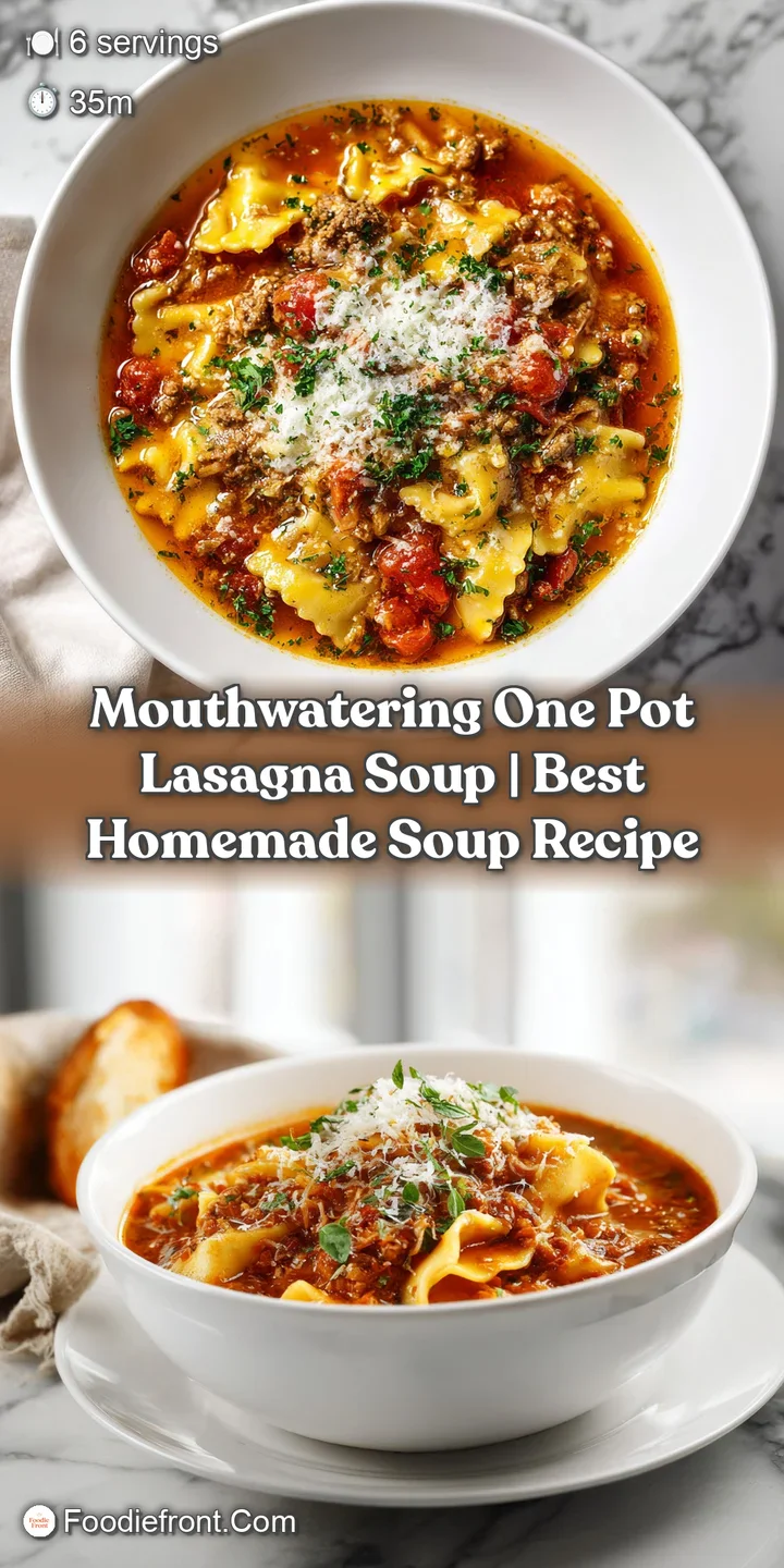 Close-up of bubbling red soup with visible layers of broken lasagna noodles and savory meat crumbles.