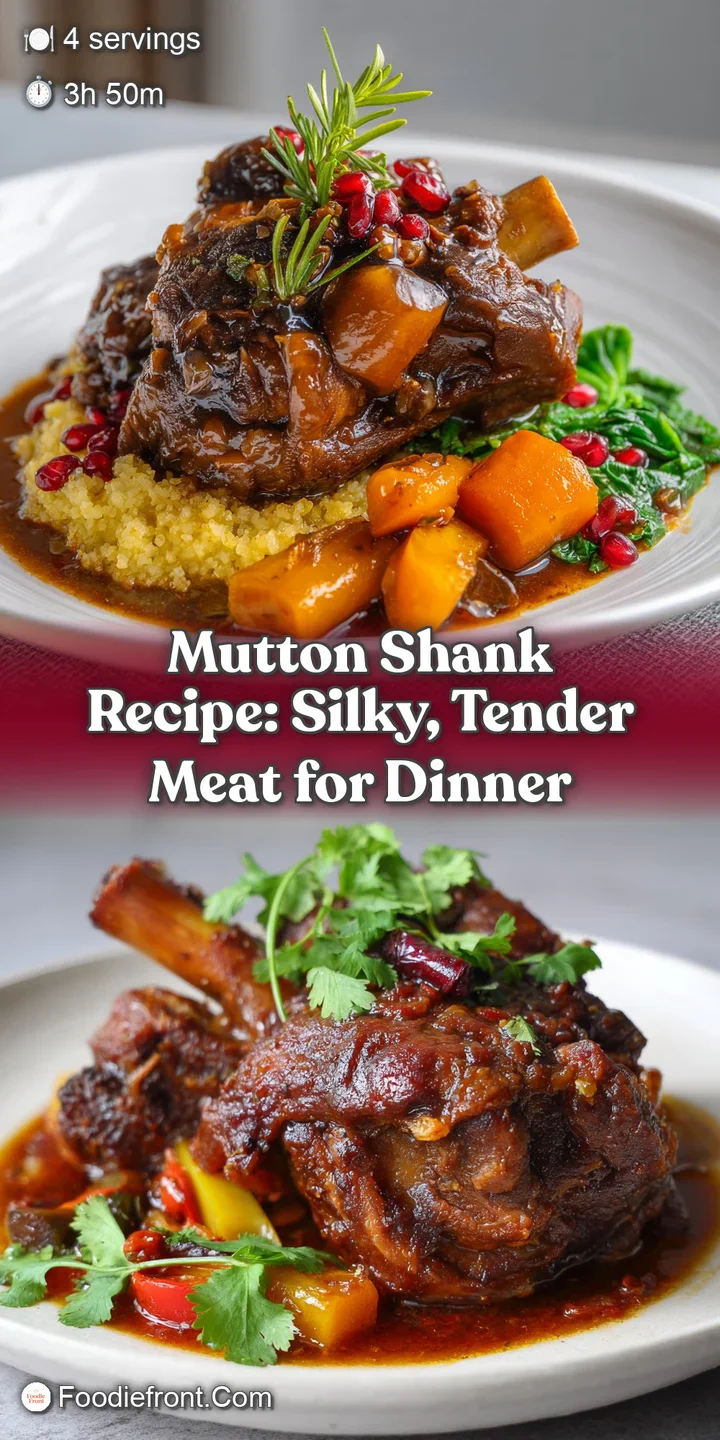 Close-up of a tender mutton shank, the braised meat falling off the bone. The shiny, reduced sauce looks intensely flavorf...