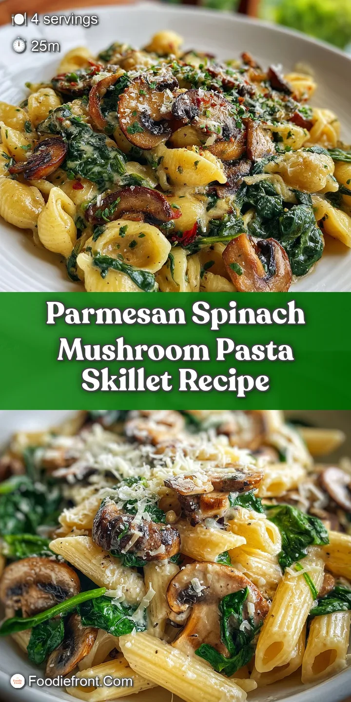Close-up of glistening pasta strands coated in a rich, creamy sauce with earthy mushrooms and bright green spinach. Comfor...