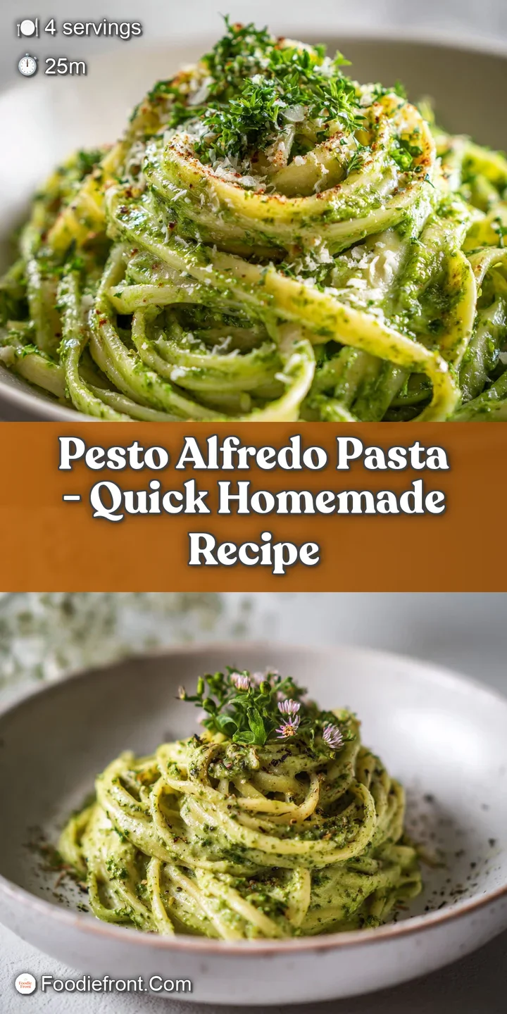 Close-up of pesto alfredo pasta, glossy and glistening. Fresh basil adds a pop of color & hints at the rich, herbaceous fl...