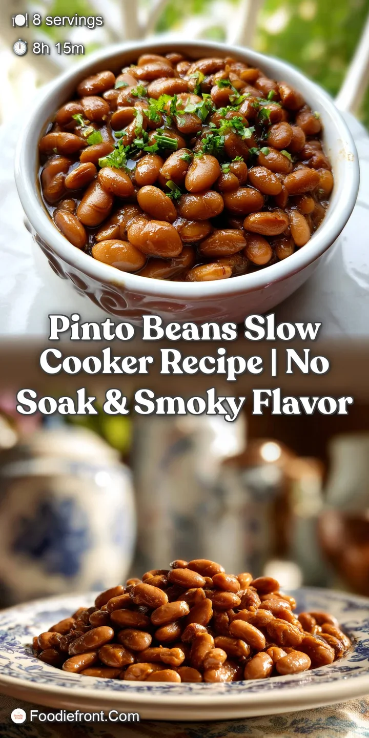 Close-up of tender pinto beans simmering in a flavorful broth, with a glistening sheen and inviting aroma; a rustic and in...