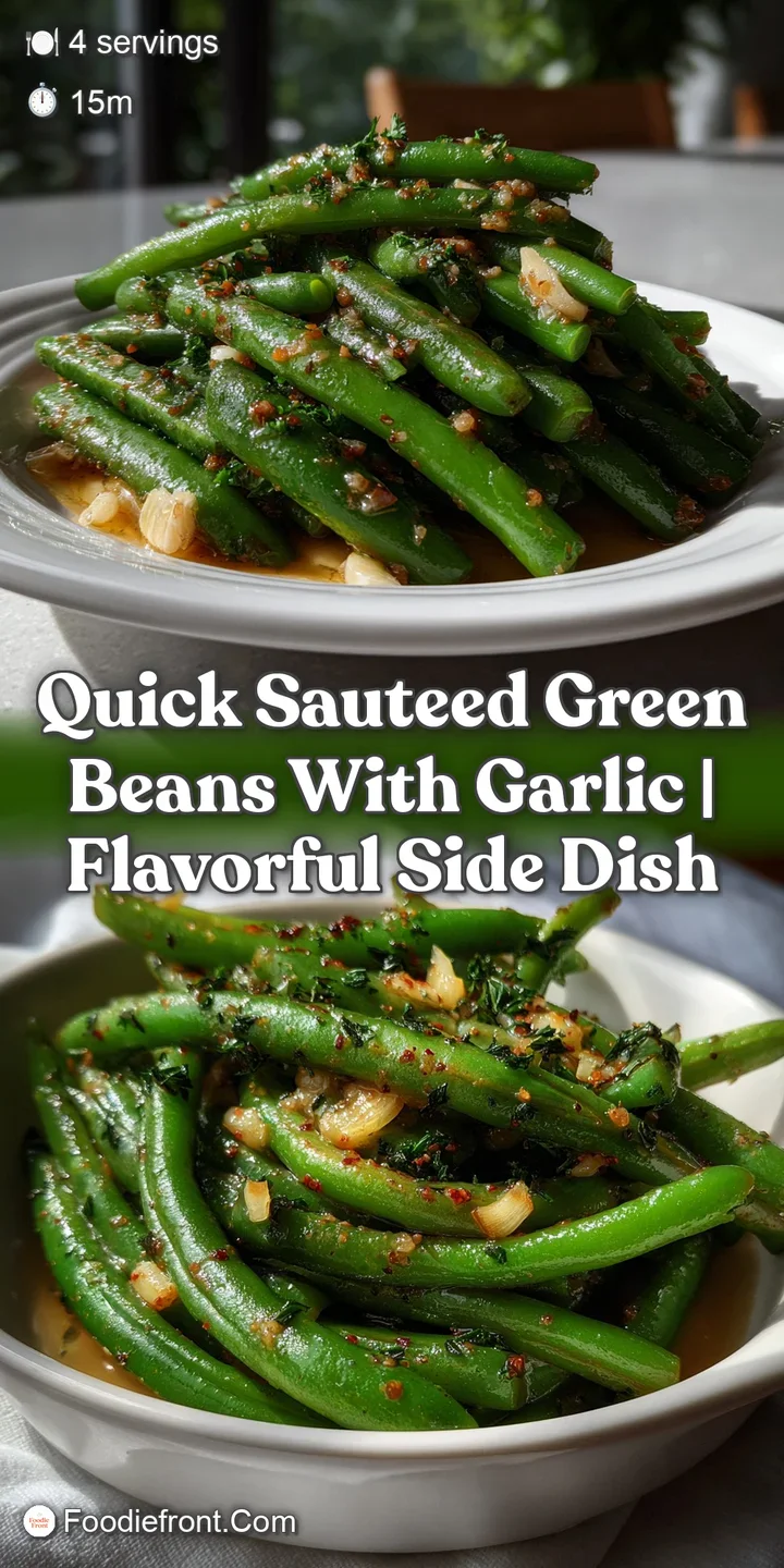Close-up view of tender-crisp green beans, displaying a range of greens with lightly browned garlic. Appealing texture, in...