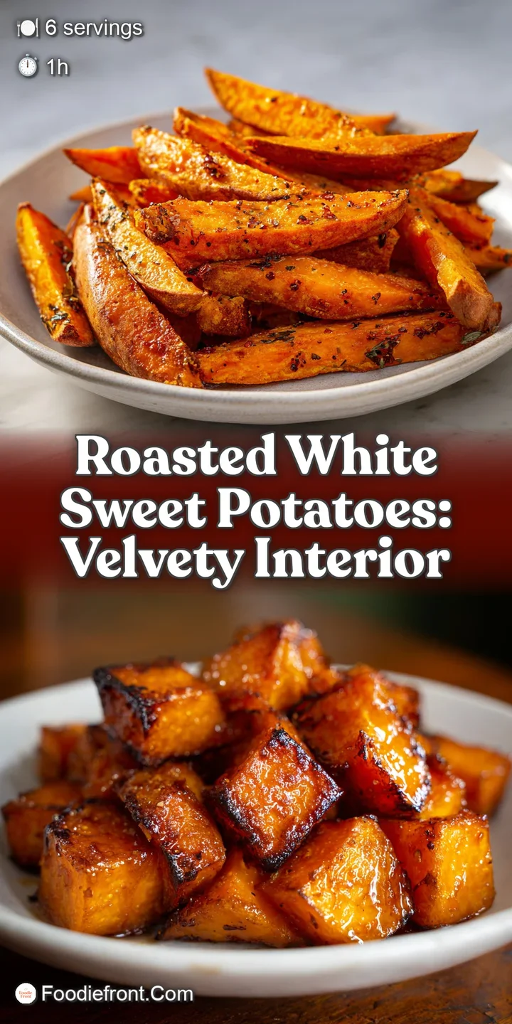 Close-up of a roasted white sweet potato; deep golden-brown, bubbly caramelized exterior, steam rising, highlighting the t...