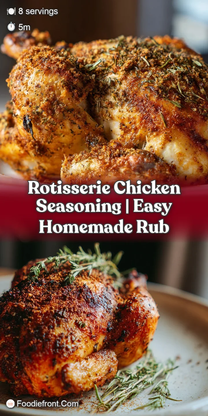 Close-up shows the chicken's deeply seasoned skin, rich, warm brown. Herbs & cracked pepper create a tempting, rustic visual.