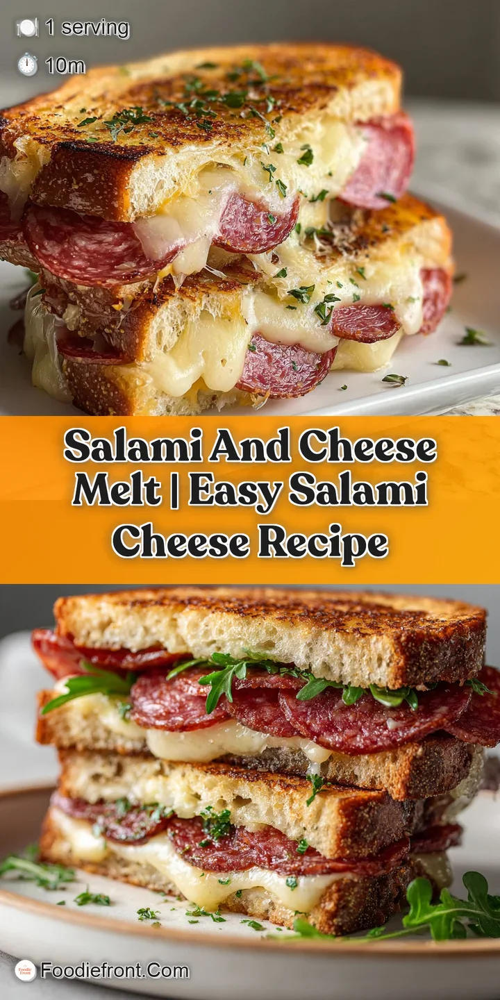 Close-up of a salami and cheese melt, showcasing the browned cheese, glossy salami, and toasted bread underneath. Cheesy p...