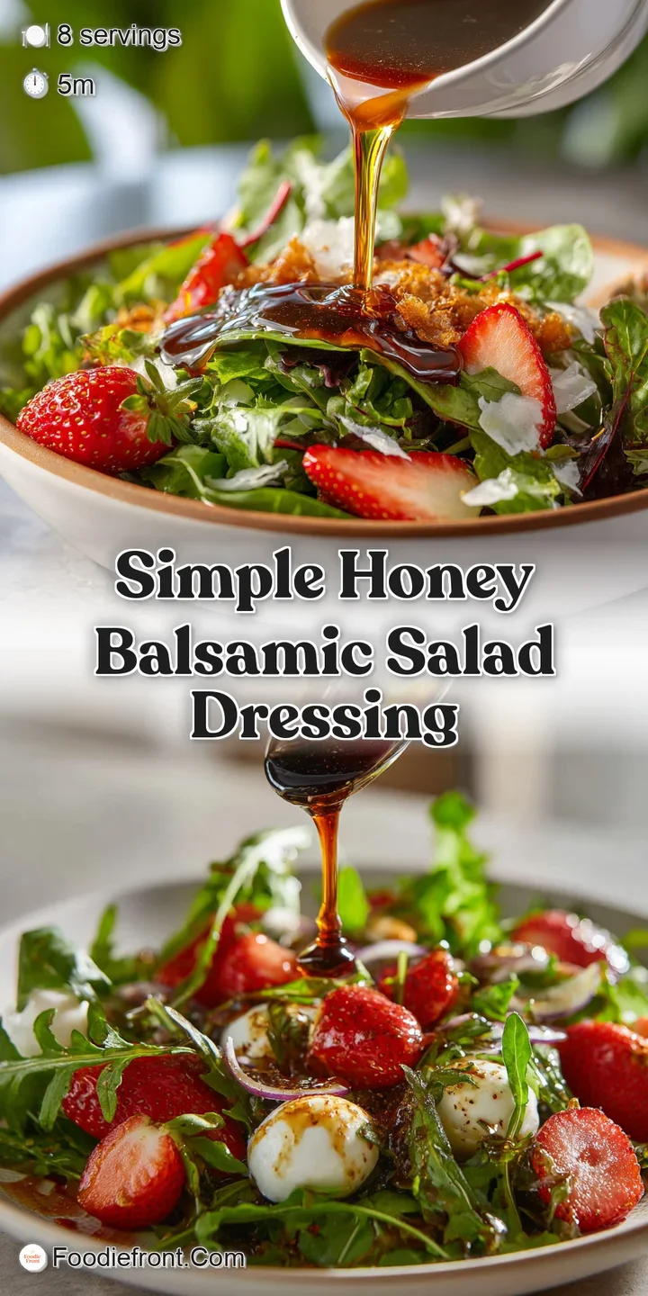Close-up of thick, rich honey balsamic dressing drizzled, coating vibrant greens and juicy tomato slices with visible herbs.