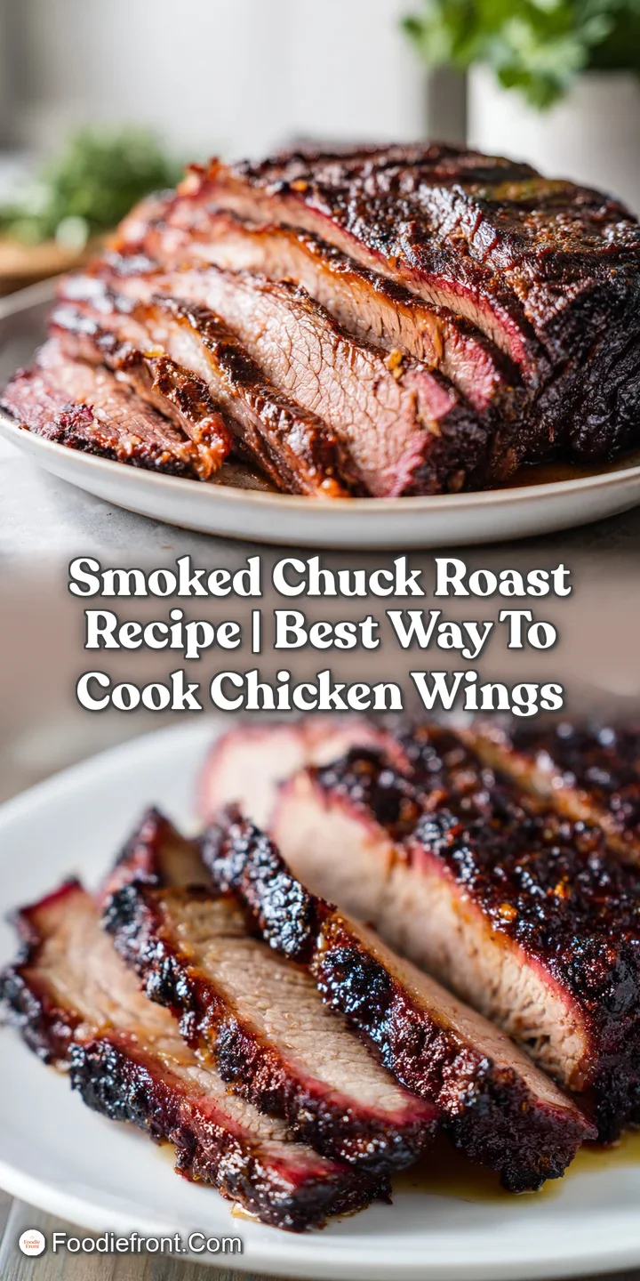 Close-up captures the rich, mahogany crust of smoked chuck roast, with rendered fat glistening and a hint of smoky char vi...