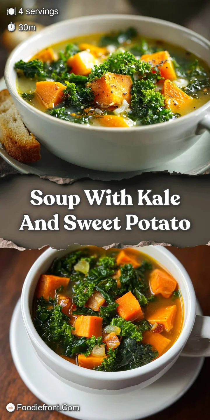 Close-up of creamy sweet potato and kale soup, showcasing the rich textures and vibrant colors of the healthy ingredients.