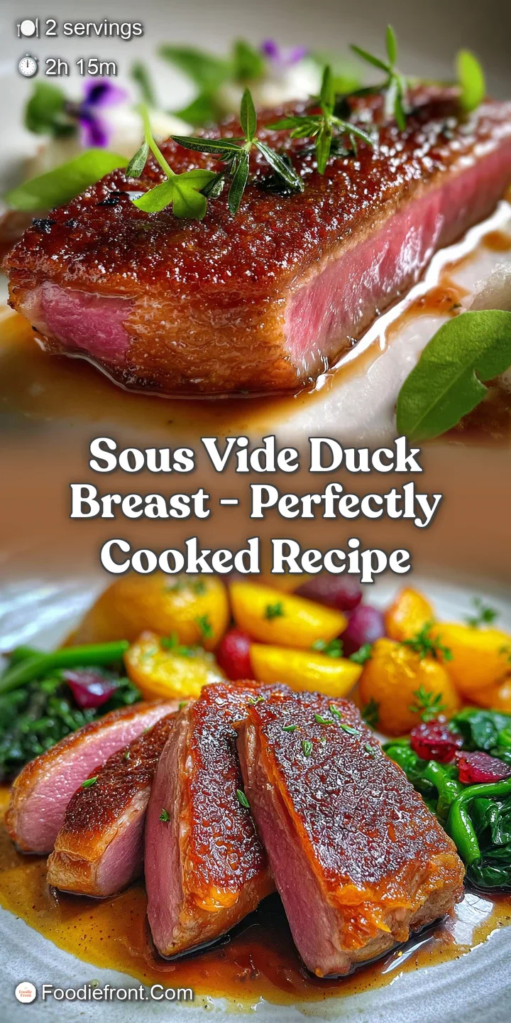 Close-up of a succulent sous vide duck breast, glistening with rendered fat, showing its deep rosy pink interior and crisp...