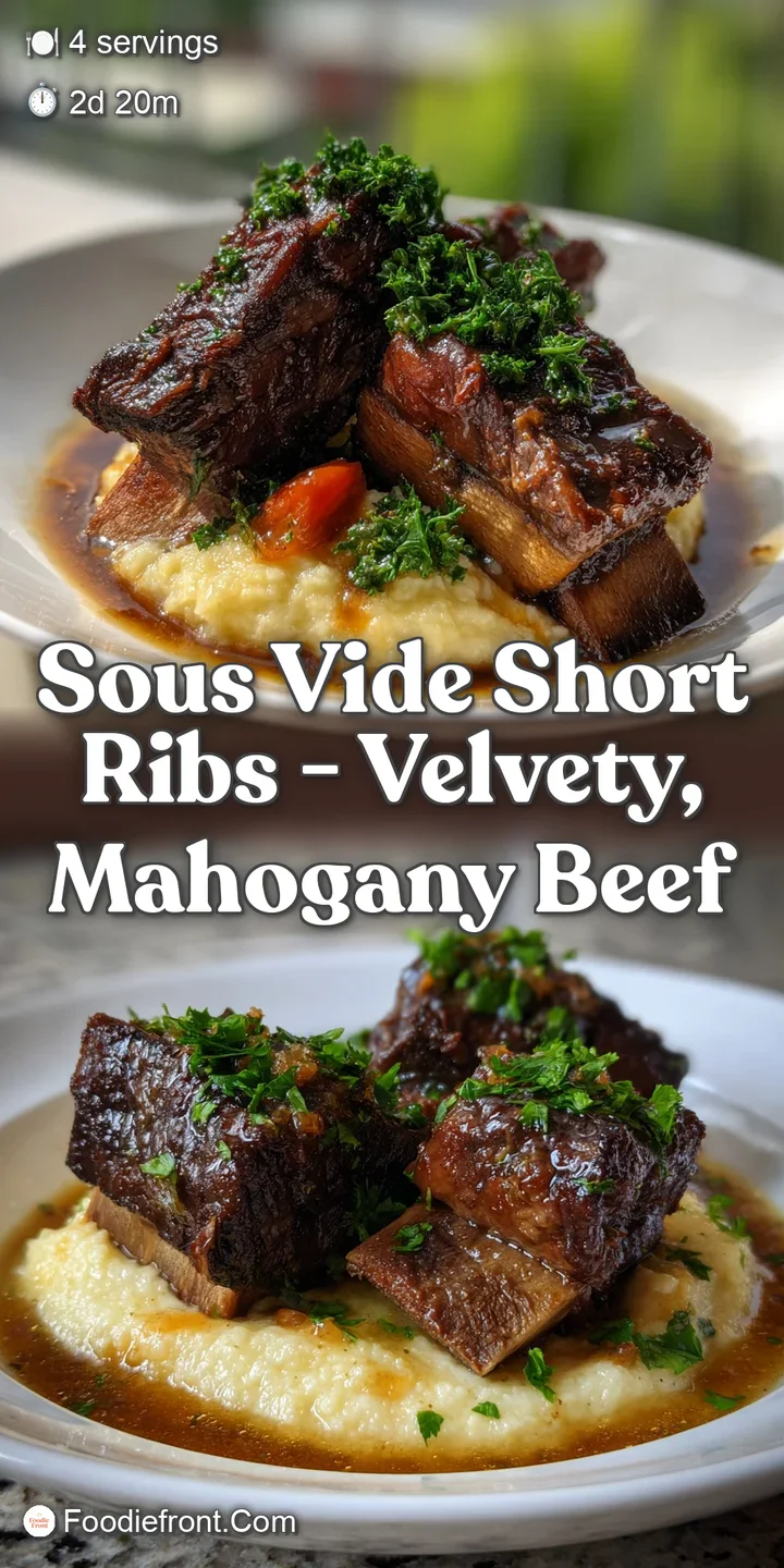 Close-up of succulent short rib, revealing a perfect sear and incredibly tender, pull-apart texture with rich, savory juic...