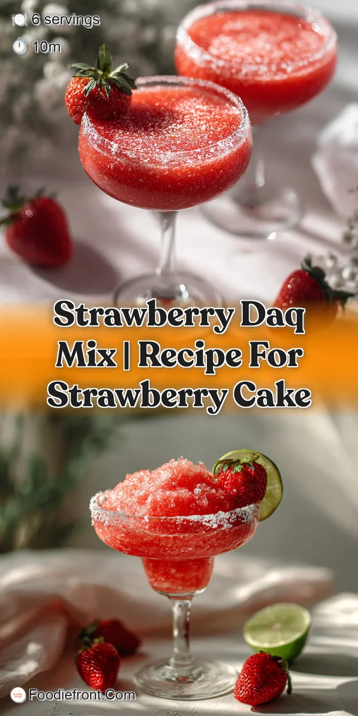 Close-up of a frosty, blended strawberry daiquiri. Tiny ice crystals glisten on the surface of the vibrant pink drink.