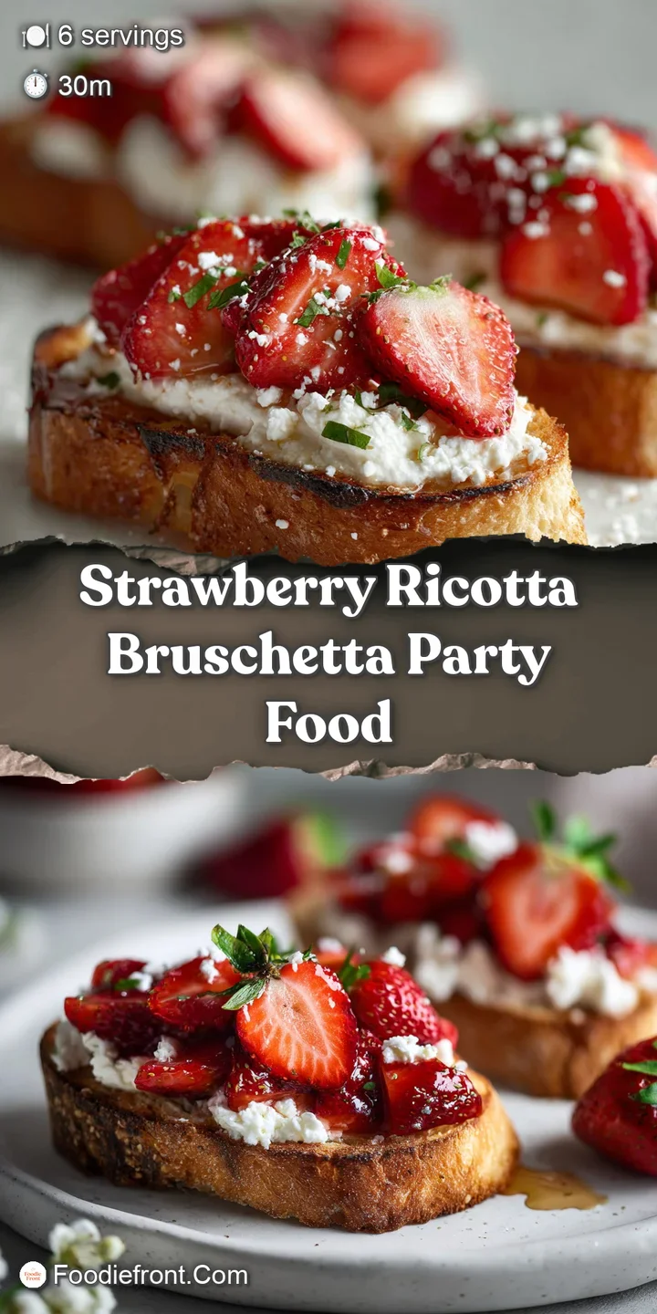 Close-up showcases sweet strawberries nestled on creamy ricotta over crisp toasts with basil ribbons, a bright and appeali...
