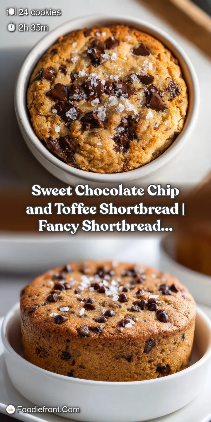 Close-up of a flaky, buttery shortbread with dark chocolate pools and shimmering amber toffee pieces.