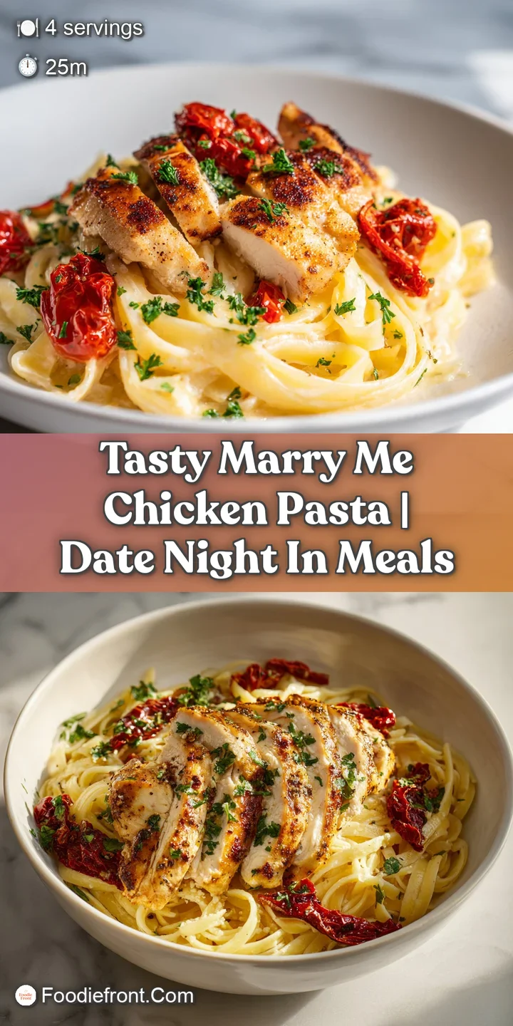 Close-up of glossy, cream-coated pasta and succulent chicken with vibrant red sun-dried tomato bits and herbs.