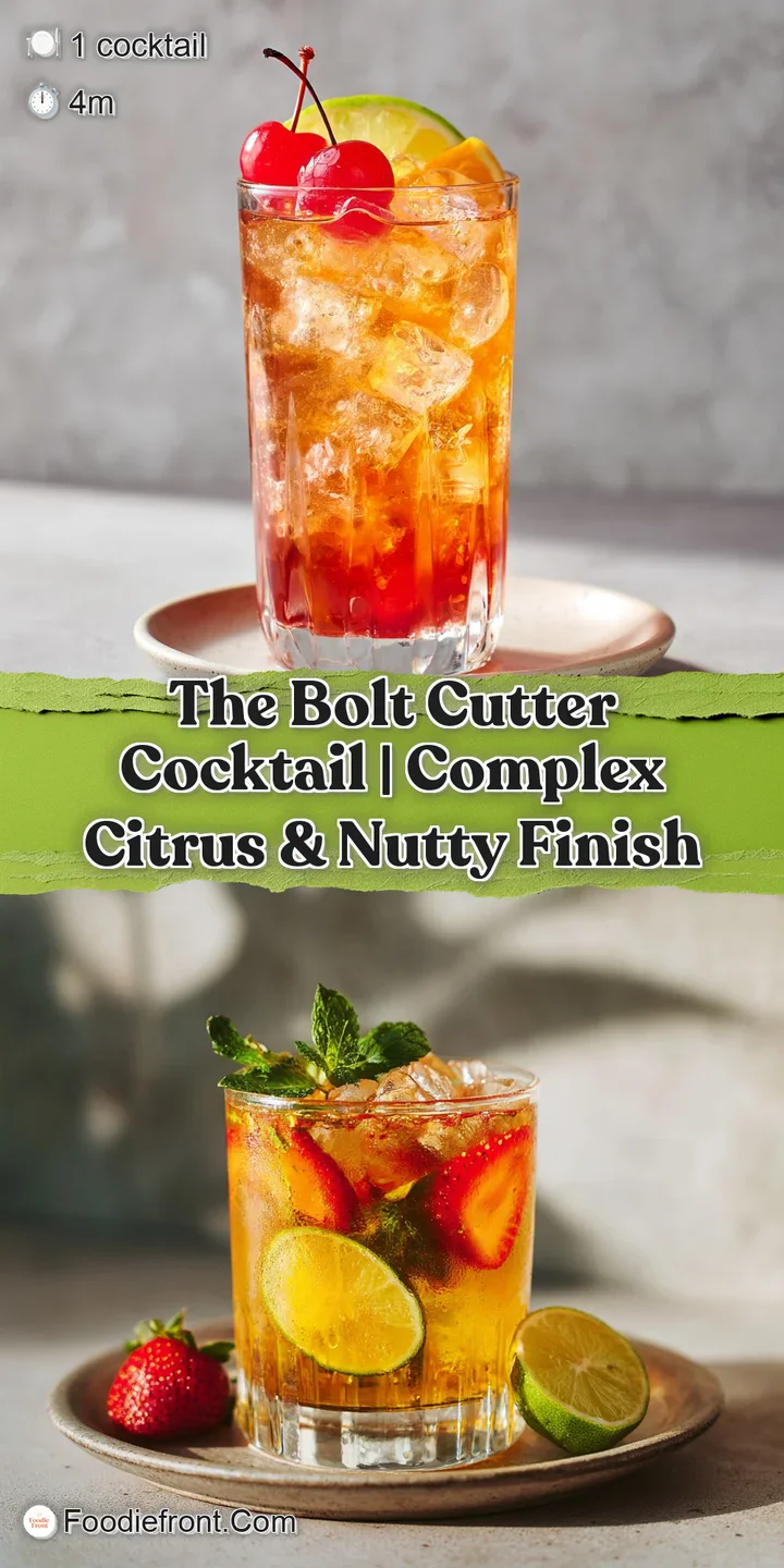 Close-up of a refreshing Bolt Cutter cocktail: condensation beads on the glass with a vibrant orange twist swirling inside...