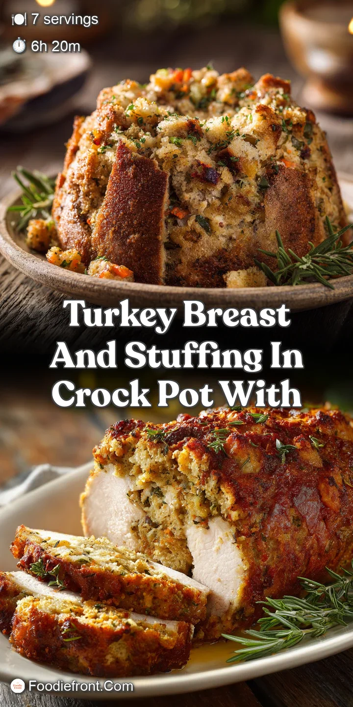 Close-up of moist, shredded turkey breast and hearty stuffing, speckled with bright red cranberries and earthy herbs.