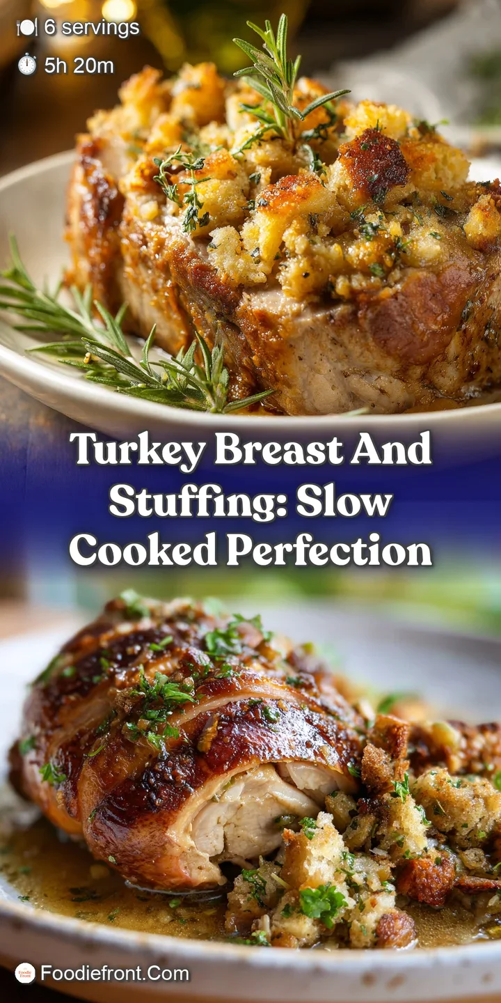 Close-up of moist turkey breast and herbed stuffing, highlighting the crispy edges and soft, tender texture. A comforting ...
