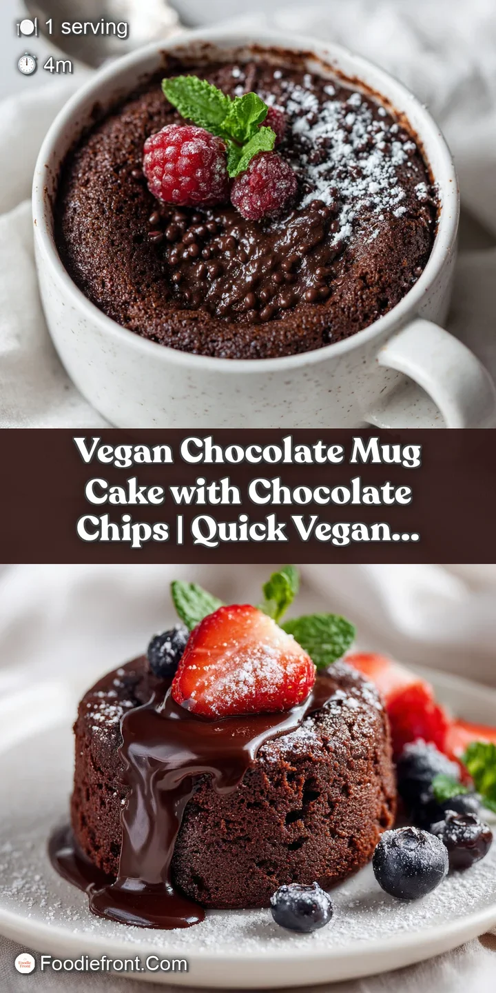 Close-up of a steamy vegan chocolate mug cake with gooey, melted chocolate chips visible.