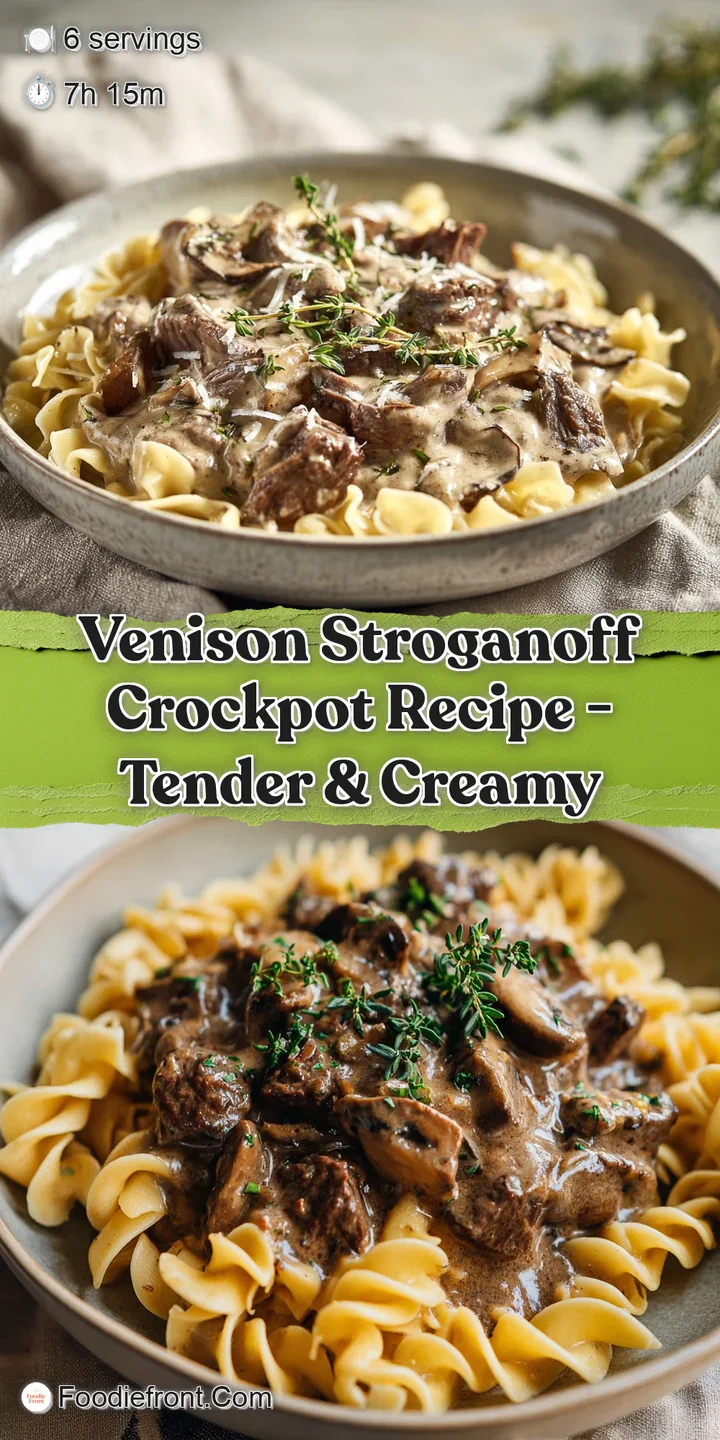 Close-up of glistening venison stroganoff, showcasing tender, dark meat in a luscious, creamy sauce, flecked with vibrant ...
