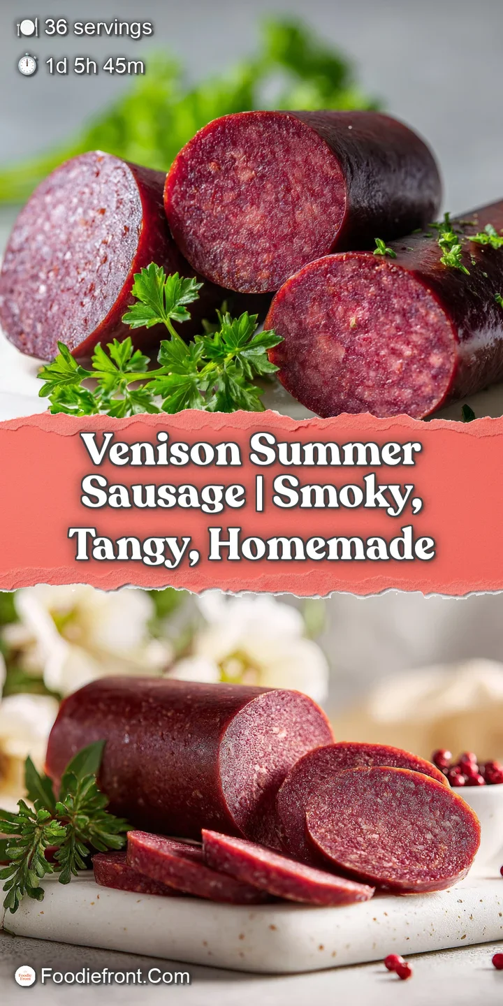 Up-close view of summer sausage revealing coarsely ground meat and fat with a subtle, appealing marbled effect and a hint ...