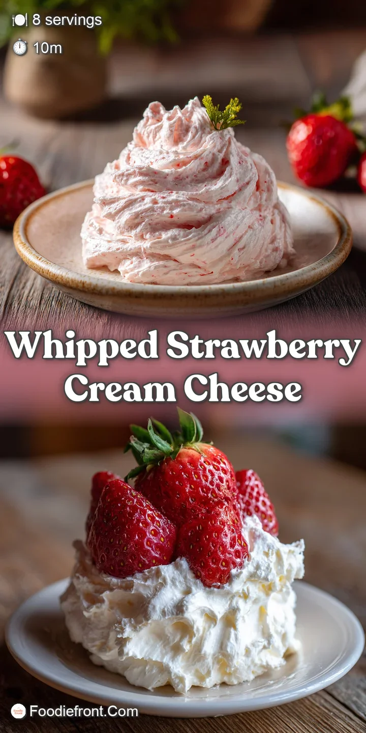 Close-up of whipped strawberry cream cheese, showcasing its airy texture and vibrant pink hues. Strawberry pieces and soft...