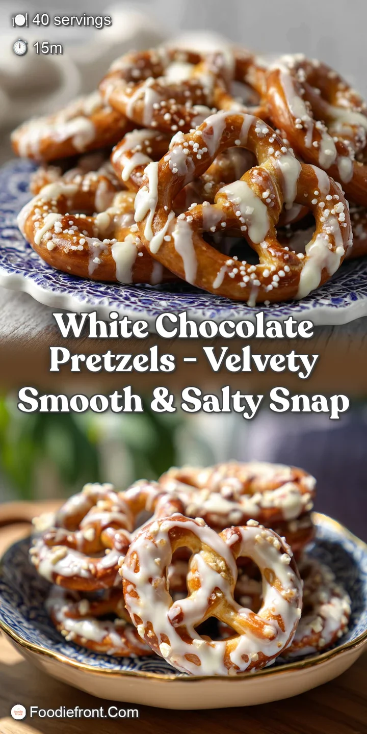 Close-up of a white chocolate pretzel, showing the smooth, velvety coating and scattered coarse salt crystals. Inviting te...