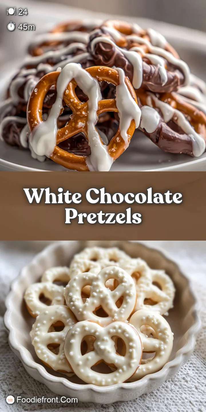 Close-up of a white chocolate covered pretzel, vibrant sprinkles embedded in the smooth chocolate. Hints of pretzel salt v...