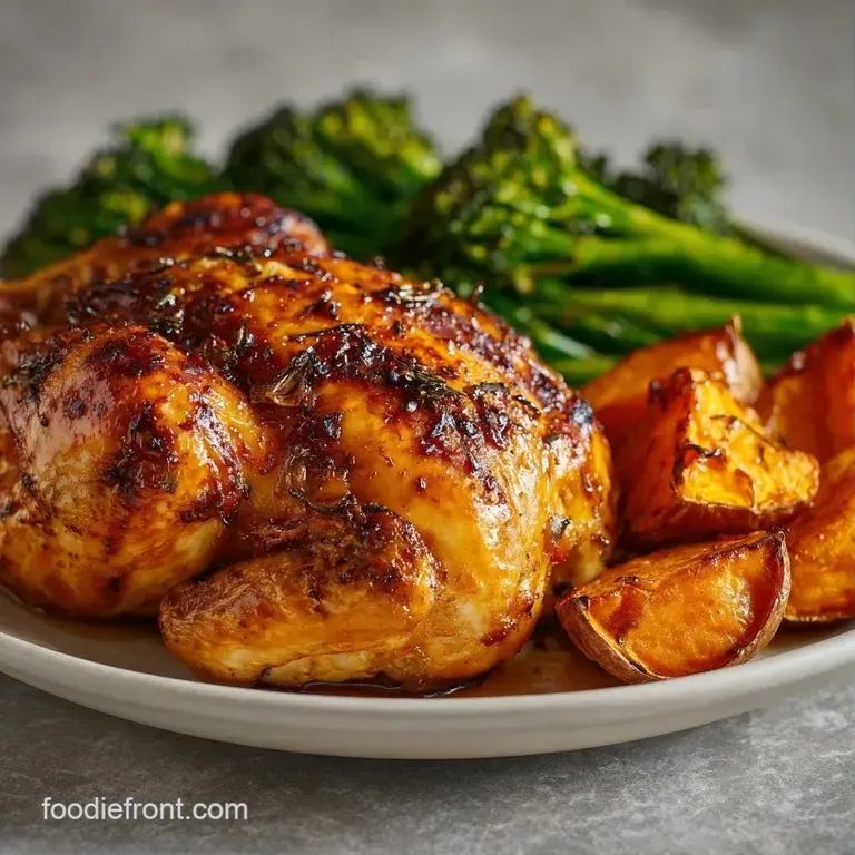 Juicy roast chicken breast served alongside honey-glazed carrots and a fresh sprig of green rosemary on white porcelain.