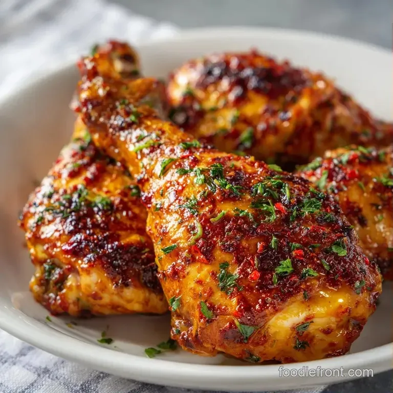 A glistening golden chicken drumstick on white porcelain, accented by a vibrant herb oil swirl and microgreens.