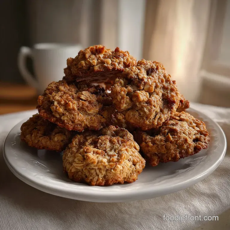 Three oatmeal cookies elegantly arranged on a white plate, showcasing a tender, moist interior with subtle hints of cinnamon.