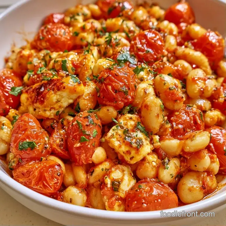 Vibrant red tomato beans topped with salty white feta crumbles and micro-greens on a minimalist ceramic plate.