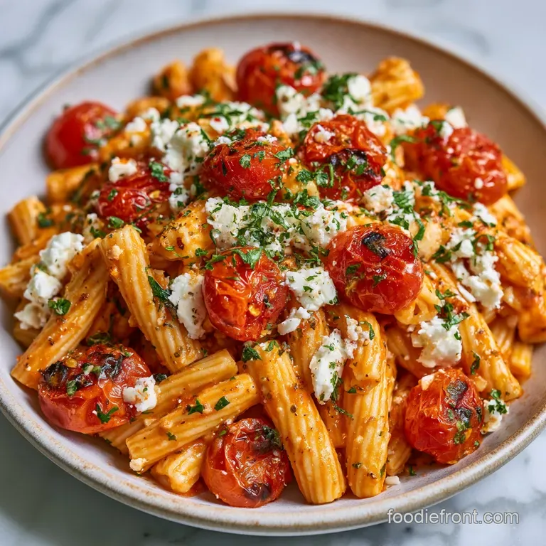 Al dente pasta tossed in a rich, creamy sauce with charred tomatoes, plated on a minimalist matte black ceramic dish.