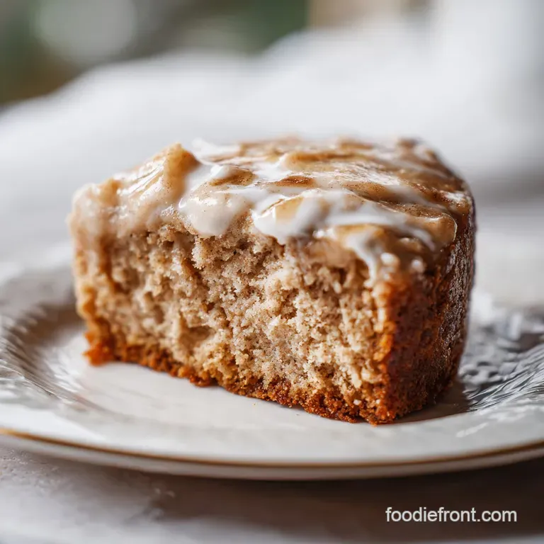 A slice of moist banana cake artfully arranged with a dollop of whipped cream and a dusting of cinnamon.
