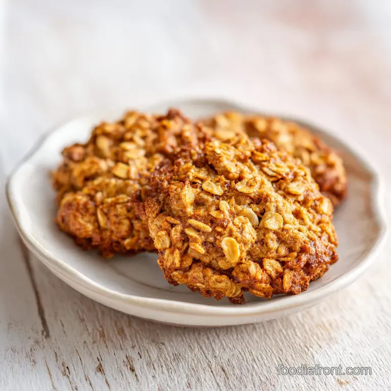 Neatly stacked chewy golden cookies on a white ceramic plate, garnished with fresh banana slices and a linen napkin.