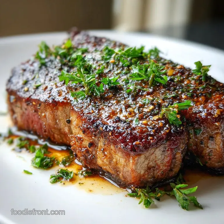 Pan-seared steak sliced and fanned, glistening with juices; vibrant green asparagus spears alongside, sprinkled with sea s...