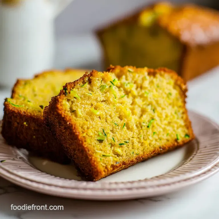 A golden-brown loaf slice topped with a glossy white glaze and lemon curls, resting on a rustic linen napkin.