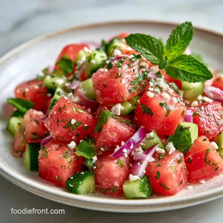 Vibrant red fruit cubes and snowy feta crumbles arranged on a white platter with scattered fresh mint sprigs.