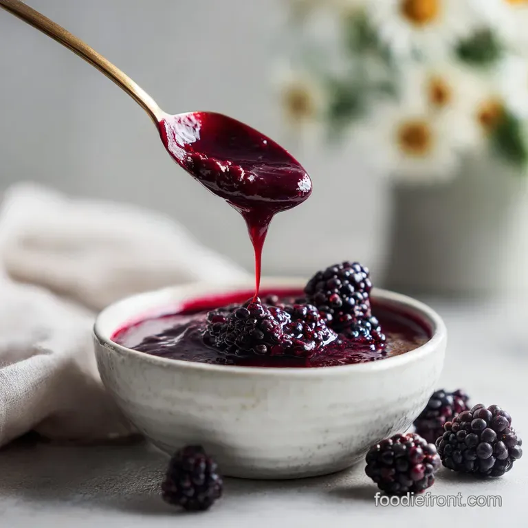 Blackberry compote spooned over creamy vanilla ice cream, the dark fruit contrasting with the white. A sprig of mint adds ...