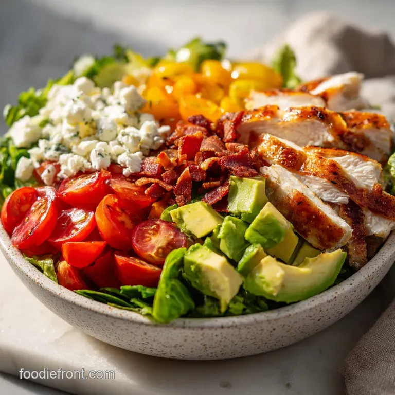 Neatly arranged grilled chicken, sliced avocado, and bright red tomatoes on a white plate with a light drizzle.