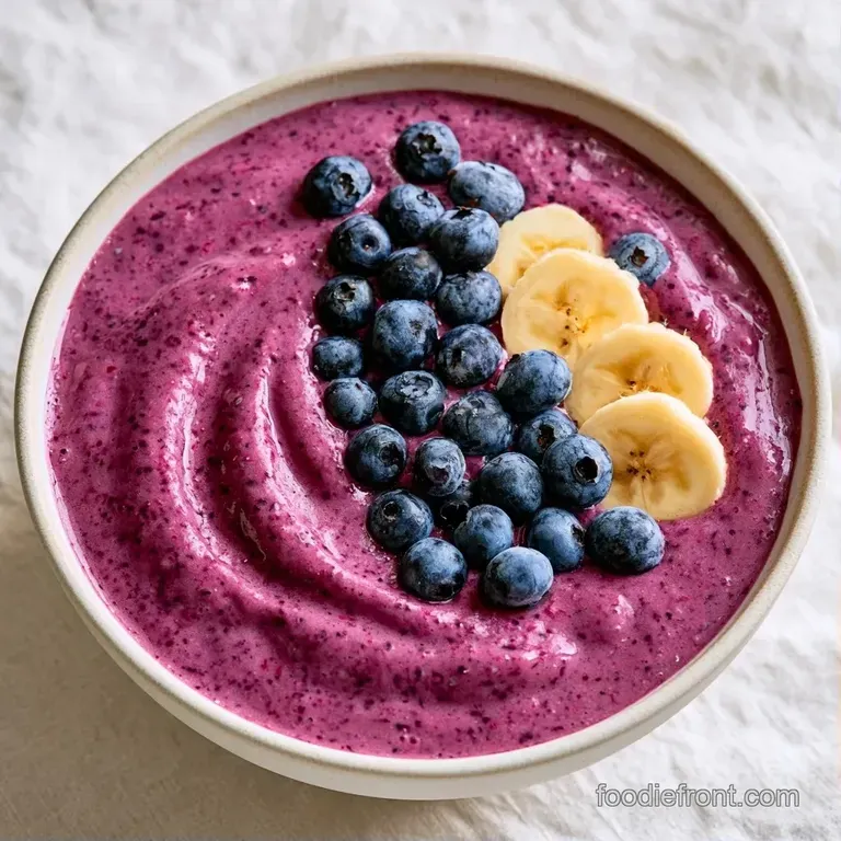 Two frosted glasses filled with a thick purple blend, garnished with fresh blueberries and mint on a wooden tray.