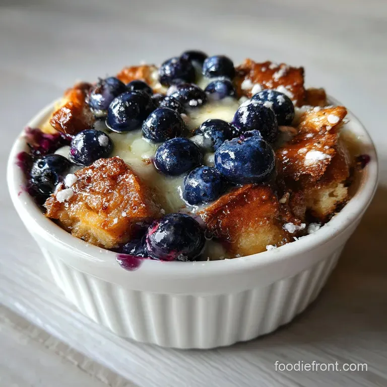 Warm slice of blueberry bread pudding on a white plate, drizzled with vanilla sauce. Fresh blueberries scattered artfully.
