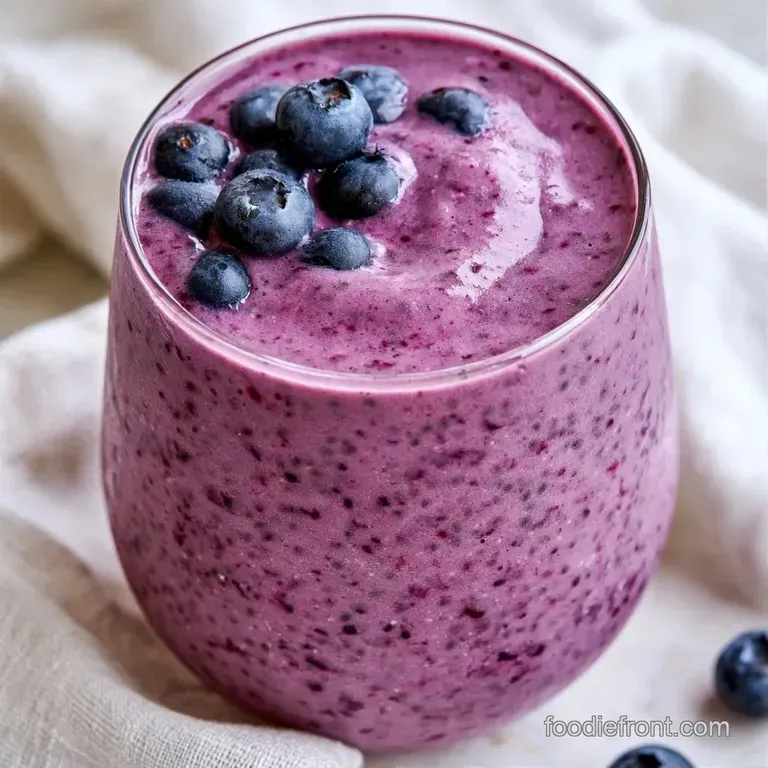 Deep violet smoothie in a chilled glass on a white marble surface, garnished with plump, fresh blueberries.