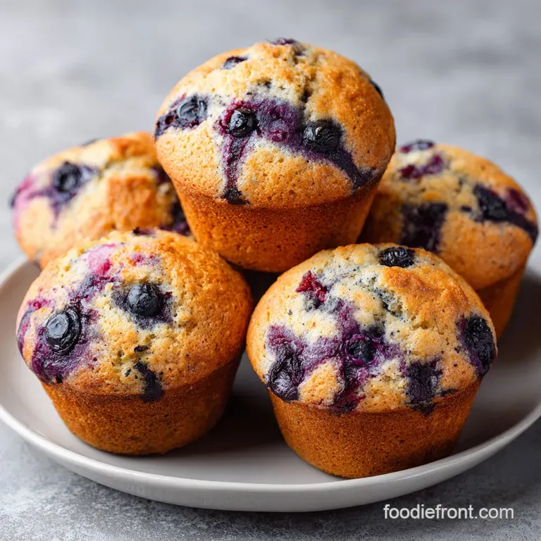 A trio of fluffy blueberry muffins artfully arranged with a dusting of powdered sugar.