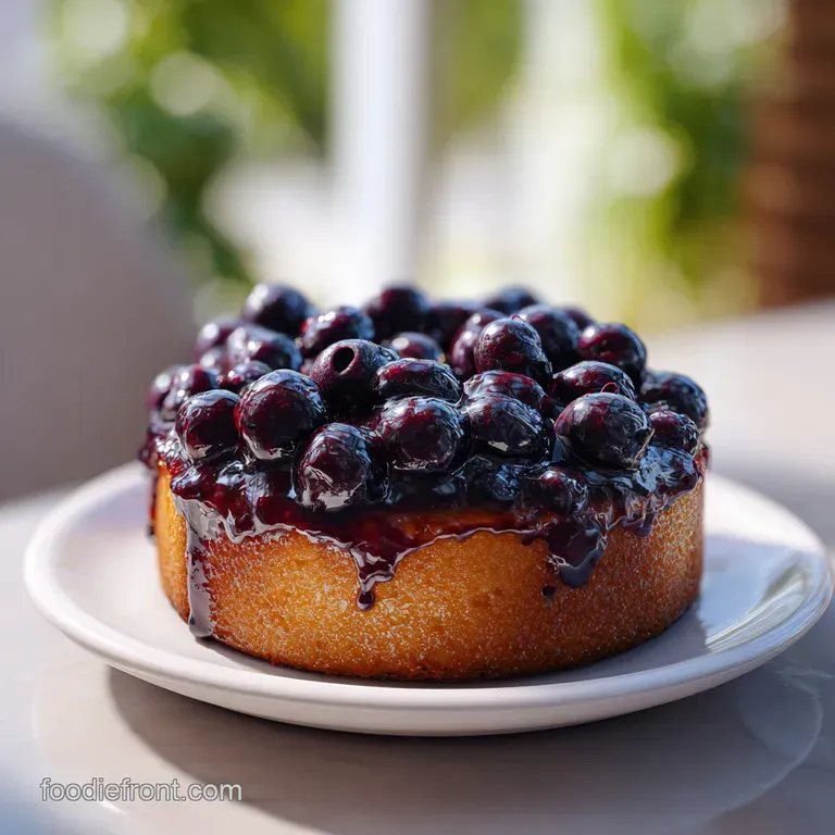 A moist slice of yellow cake topped with jammy blueberries, served on a white plate with a dollop of whipped cream.