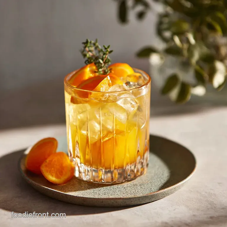 A chilled Bolt Cutter cocktail, garnished with a bright orange peel, sits elegantly on a bar top with soft, diffused backg...