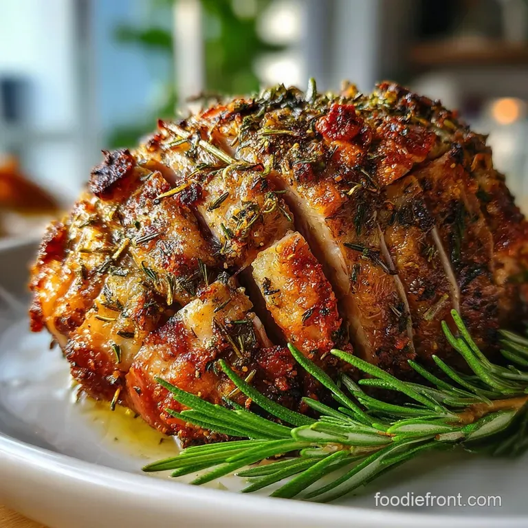 Slices of tender turkey breast with glistening juices, accented by sprigs of rosemary and thyme on a white serving plate.