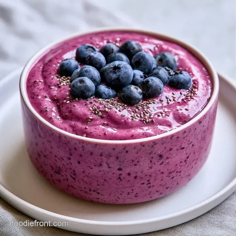 Chilled glass of vibrant purple smoothie on a wooden tray next to a small bowl of granola and a silver spoon.